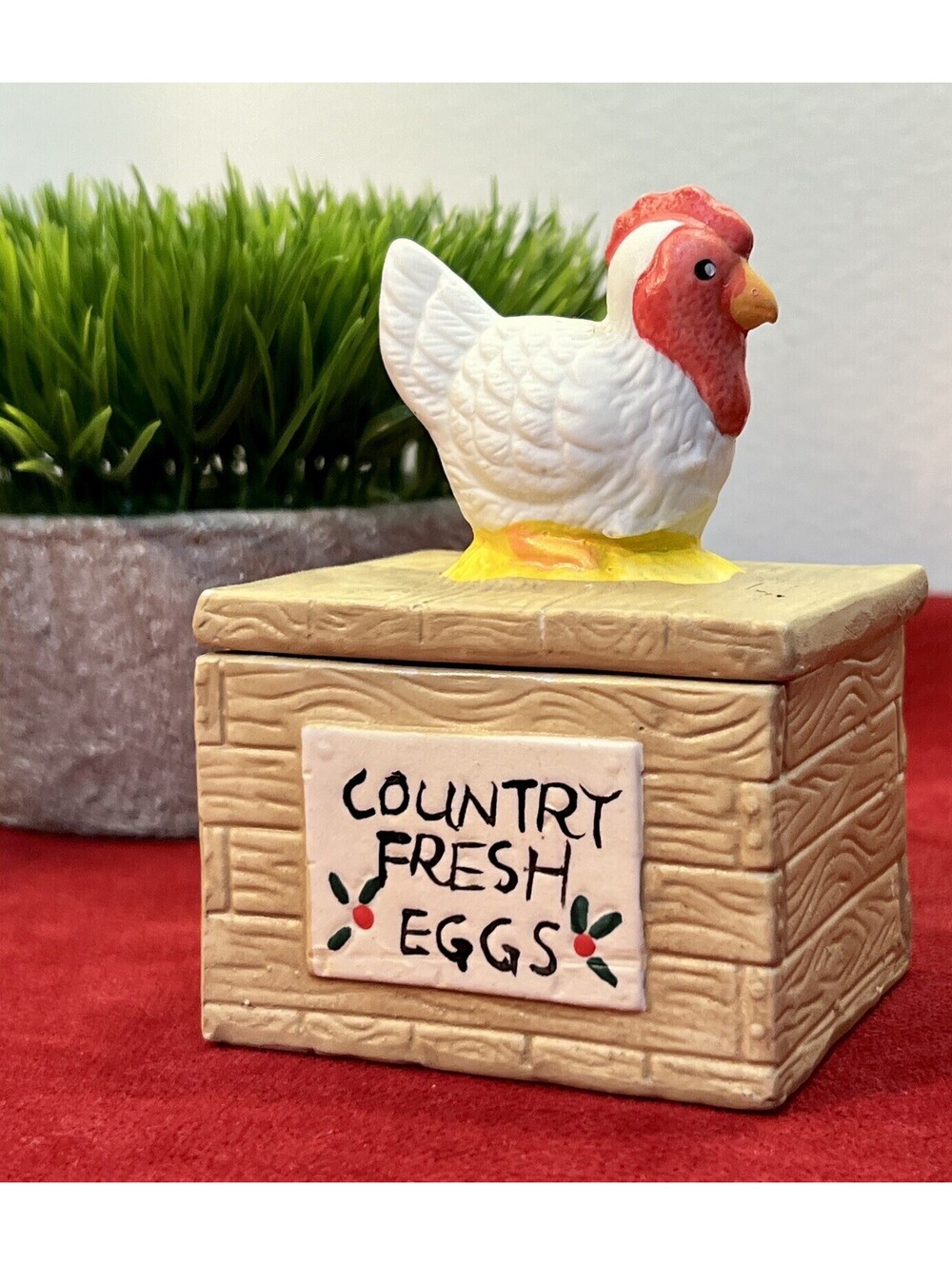 Vintage “Country Fresh Eggs" Porcelain Chicken Trinket Box